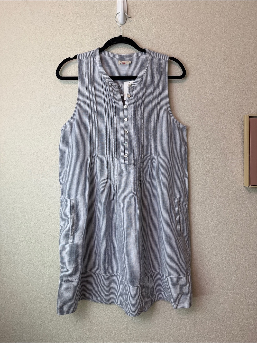 Faherty 100% Linen Sleeveless Blue-Striped Cotton Tunic Dress Size Medium - Picture 1 of 10